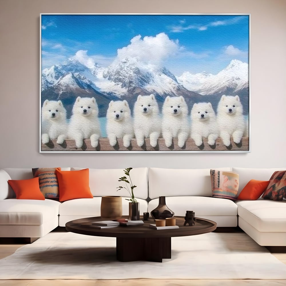 Tablou canvas cu tablou canvas cu sapte catei pe munti, in rama de aluminiu argintiu, pe perete intr-un living